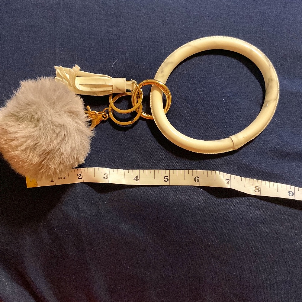 Keychain/holder - White and Grey  pompom and hand held bracelet